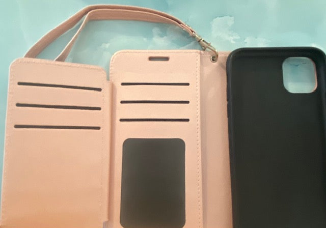 Blush Pink Leather Wallet iPhone Case with Wrist Strap - 17/16/15/14/13/12/11/XR/AIR/Plus/Pro Max
